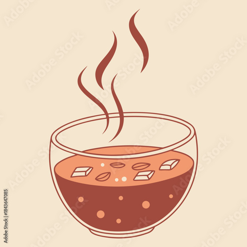 A warm bowl of delicious soup with visible steam rising above it featuring small pieces of food floating on the surface presented in a simple clean illustration style
