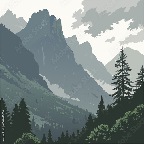 Majestic mountain peaks rise above a lush green forest valley under a cloudy sky creating a serene and breathtaking natural landscape vista