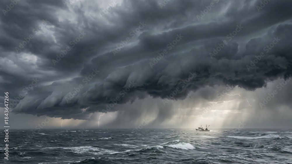 Fototapeta premium A small fishing boat navigates rough seas under a dramatic stormy sky with lightning strikes