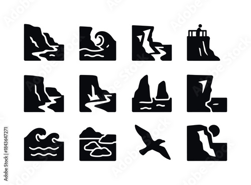 Seaside Cliffs Icons. Seaside cliffs. Solid icon set of Seaside