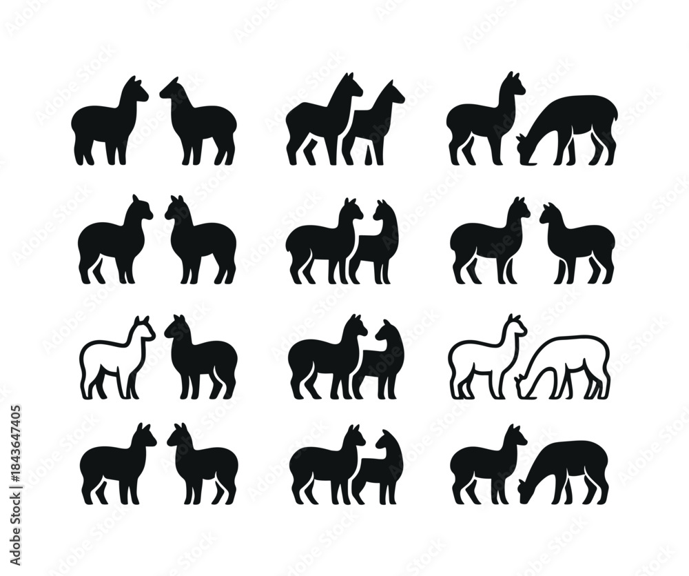 Fototapeta premium Alpaca Logo Variations. Alpacas grazing. Icon set. Set Logo of a
