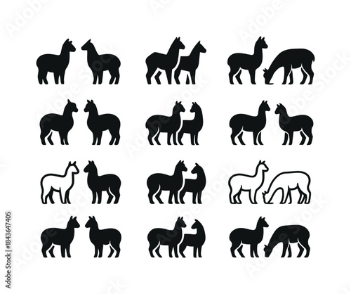 Alpaca Logo Variations. Alpacas grazing. Icon set. Set Logo of a
