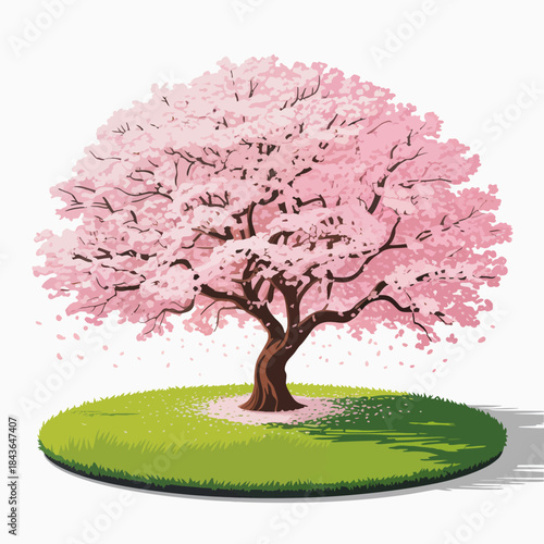 A picturesque illustration of a pink cherry blossom tree standing on vibrant green grass, symbolizing renewal, beauty, and the fleeting nature of life.