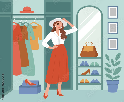 An elegant fashion illustration featuring a stylish woman posing in a fashionable wardrobe, showcasing a trendy collection of clothing, embodying modern style and confidence.
