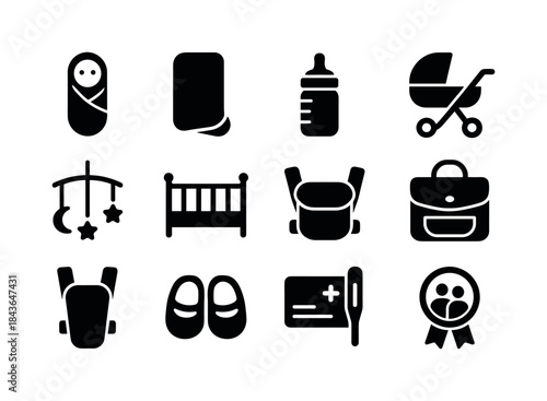 New Parent Icon Set. New parent essentials. Solid icon set of ne