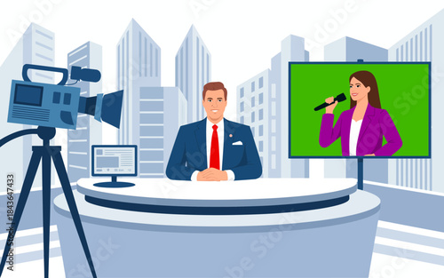 A professional news anchor sitting in a modern studio environment, delivering news, with a female reporter on screen, reflecting the dynamic nature of news media today.