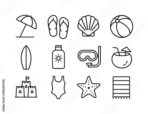 Beach Travel Icons. Beach Travel. Line icon set of Beach Travel: