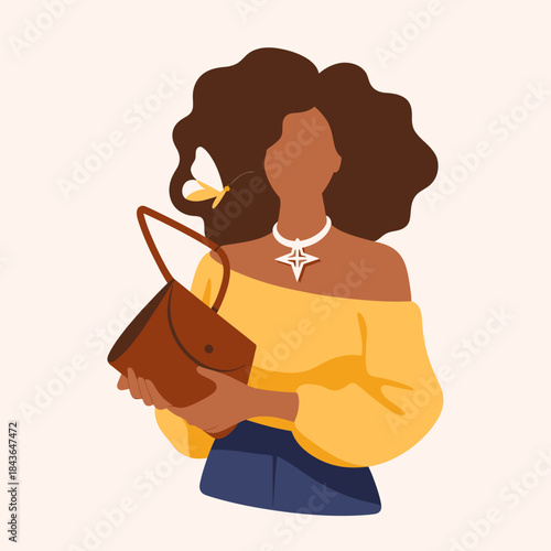 A fashionable woman with curly hair elegantly holding a stylish bag, accompanied by a butterfly, illustrating personal style, grace, and the beauty of self-expression in modern life.