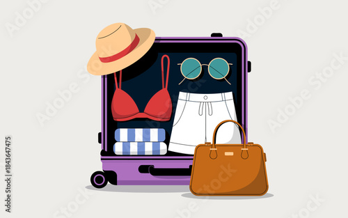 This illustration showcases a stylish open suitcase filled with vibrant travel accessories, including beachwear and sunglasses, reflecting the joy of vacation planning.