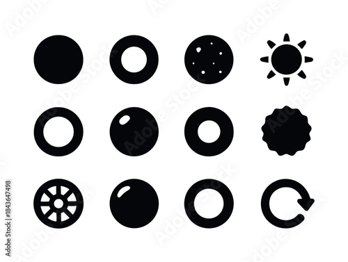 Round Icons Grid. Round. Solid icon set of Round: circle shape,