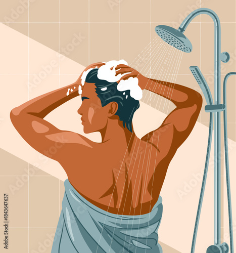 A serene illustration depicting a person washing their hair under a shower, capturing a moment of self-care and relaxation in a modern bathroom setting.