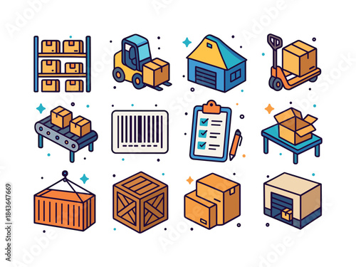 Colorful Warehouse Icons. Warehousing. Colorful isometric vector