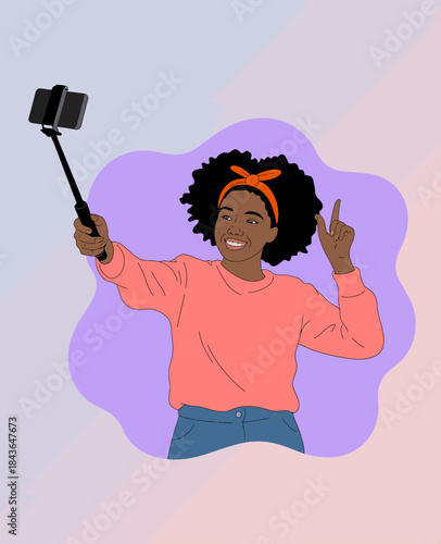 A lively illustration depicting a girl happily taking a selfie with a selfie stick, representing modern youth culture and the joy of personal connection through technology.