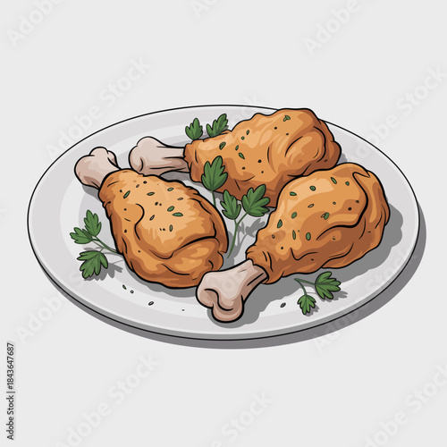 This plate showcases crispy fried chicken drumsticks garnished with fresh herbs, representing comfort food that promises satisfaction and indulgence for every bite.