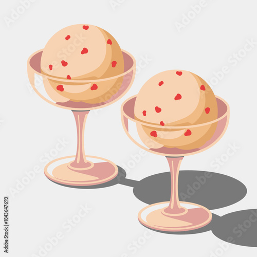 A pair of elegant glasses filled with creamy ice cream adorned with bits of raspberry, perfect for adding a sweet touch to any dessert table during summer gatherings.