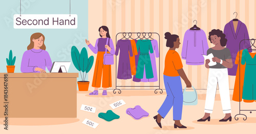 Shoppers browse through racks of colorful second-hand clothing in a trendy store, representing sustainable fashion choices and the joy of finding unique pieces in a vibrant shopping atmosphere.