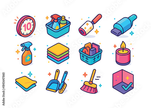 Quick Cleaning Icons. quick cleaning tips. Colorful isometric ve