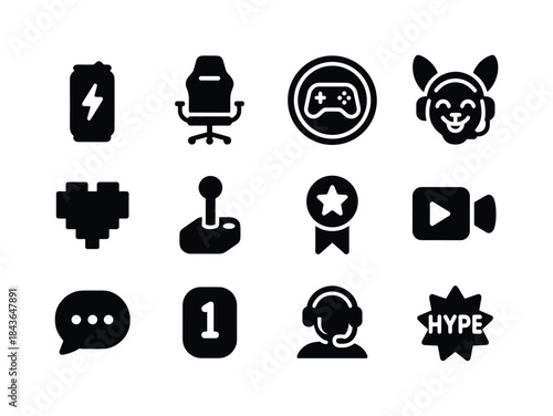 Gaming Icons Grid. gaming culture. Solid icon set of gaming cult