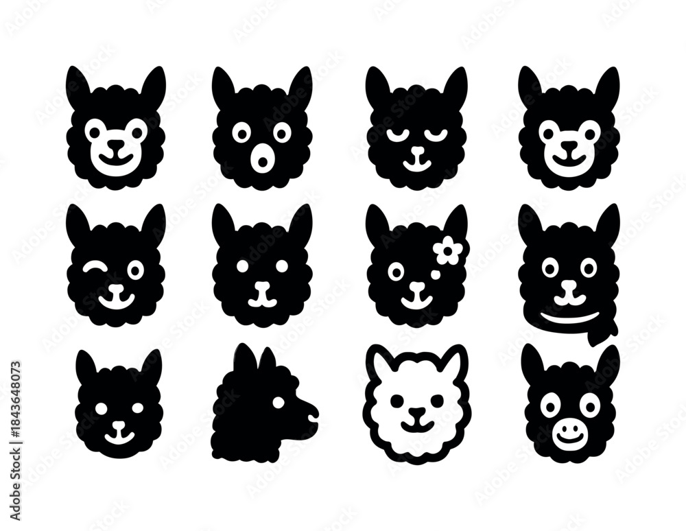 Fototapeta premium Alpaca Expressions Icons Set. Alpaca faces. Solid icon set of al