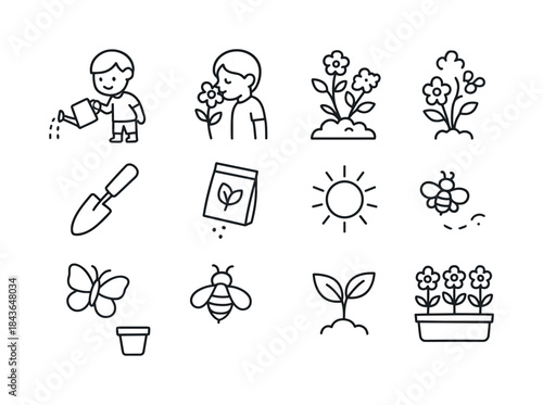 Spring Garden Icons. Children in Spring Garden. Line icon set of