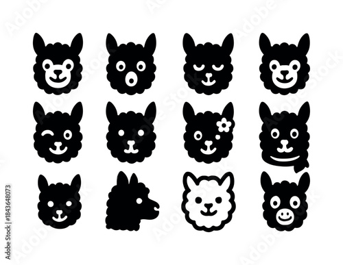 Alpaca Expressions Icons Set. Alpaca faces. Solid icon set of al