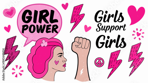 Empowering illustration featuring girl power support and symbols of strength and solidarity