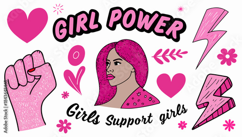 Empowering illustration featuring a woman hearts and the phrase girl power