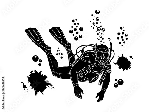 A black and white silhouette of a scuba diver swimming underwater surrounded by bubbles and ink splatters.
