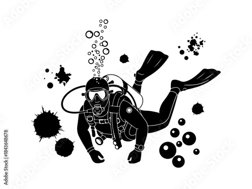 A black and white illustration of a scuba diver descending into the water, surrounded by bubbles and ink splatters.