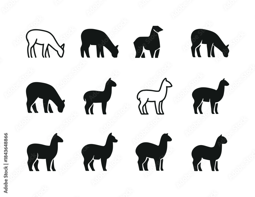 Fototapeta premium Alpaca Logo Variations. Alpacas grazing. Icon set. Set Logo of a