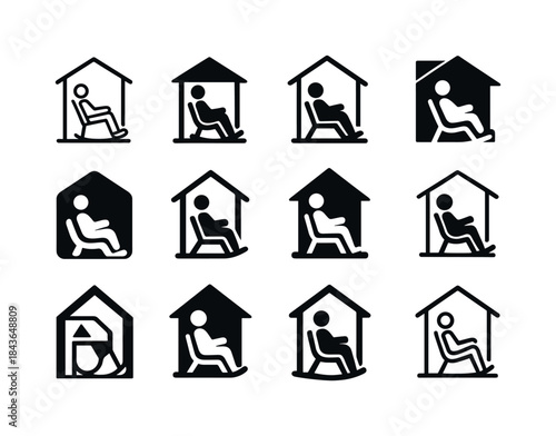 Porch Rocking Icons. Relaxing on porch. Icon set. Set Logo of re