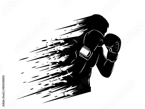 Dynamic silhouette of a boxer in motion, with a stylized trail of black particles emanating from their body, conveying speed and power.