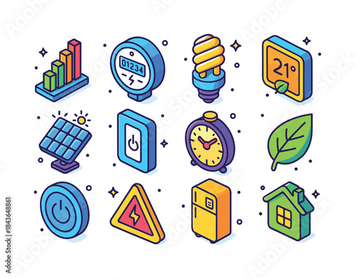 Energy Tech Icons. energy-efficient tech. Colorful isometric vec