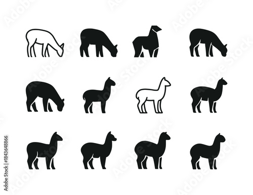 Alpaca Logo Variations. Alpacas grazing. Icon set. Set Logo of a