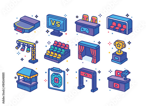 Colorful Gaming Arenas Icons. Gaming arenas. Colorful isometric