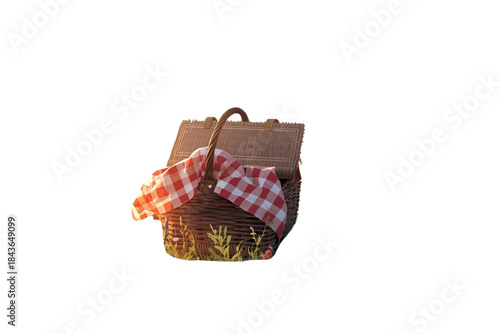 small woven wicker picnic hamper closed with a red and white checkered fabric tucked in, no background svg