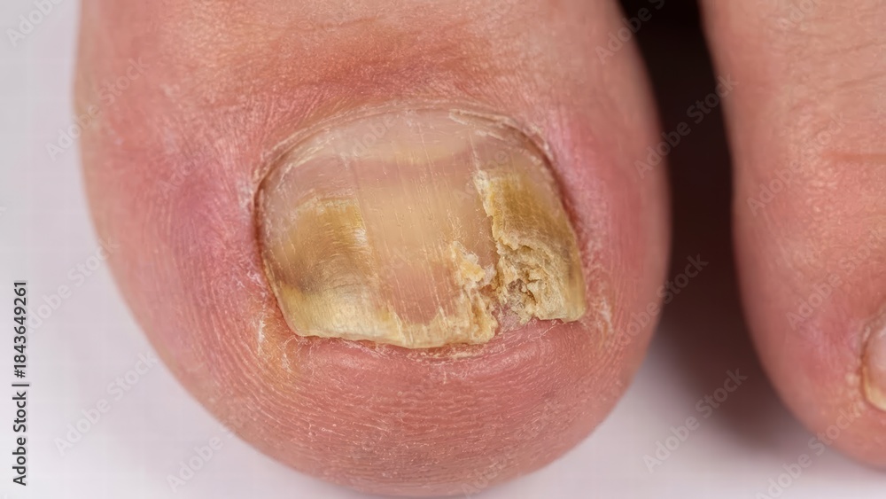 Fototapeta premium Nail health concerns close-up of fungal infection on toenail home setting medical image clinical focus