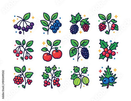 Colorful Fruit Icons Grid. Fruit & berry plants. Colorful isomet