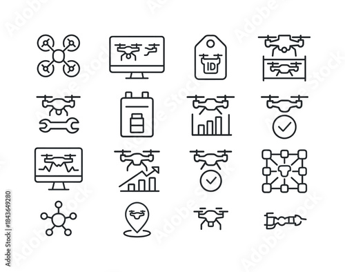 Drone Management Icons. Drone fleet management. Line icon set of