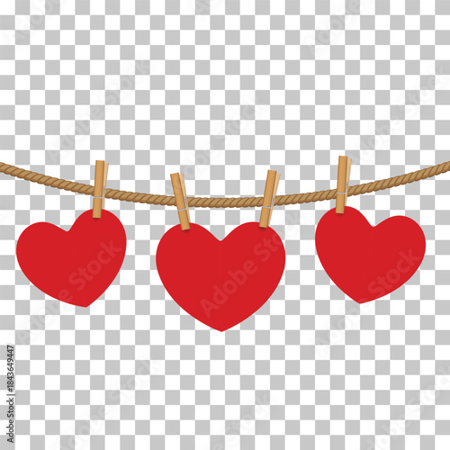 Three red heart shapes hanging on a rope with wooden clothespins against a transparent background.