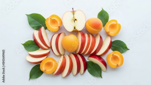 Fresh red apples sliced and whole apricots with green leaves arranged on a light background for Apple and Apricot Month