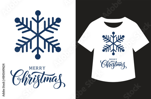Simple navy blue snowflake icon with “Merry Christmas” hand lettered script, minimalist winter holiday vector illustration ideal for Christmas t shirt designs, greeting cards, seasonal branding.