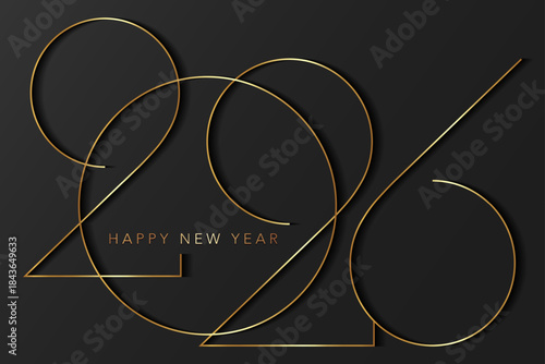 2026 New Year gold logo design. Holiday greeting card. Vector illustration. Luxury design for template card, invitation, calendar, party, golden festive label isolated on black background