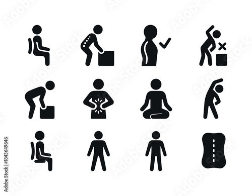 Back Care Icons. Back care. Solid icon set of Back care: lumbar