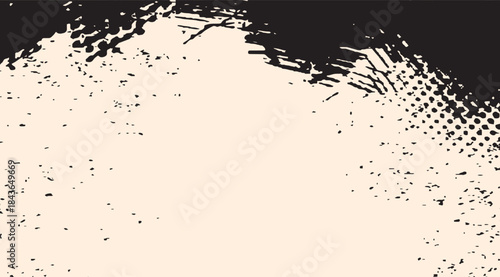 black ink splatter with speckles on cream abstract background for graphic design