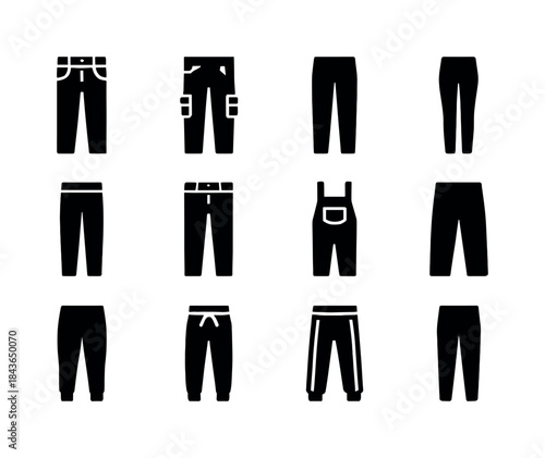 Diverse Pants Icons. Pants. Solid icon set of pants: jeans, carg