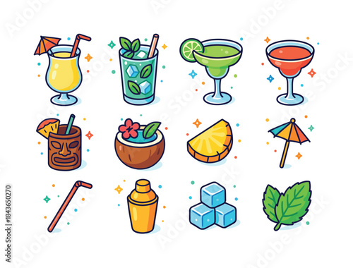 Tropical Drink Icons. Tropical Drinks. Colorful isometric vector