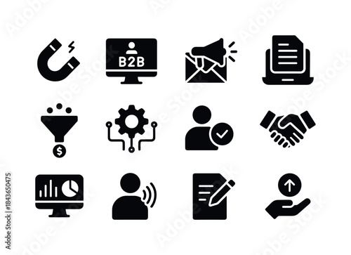 B2B Marketing Icons. b2b marketing solutions. Solid icon set of