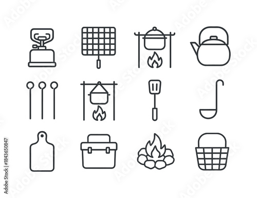 Outdoor Cooking Icons. Outdoor cooking. Line icon set of outdoor