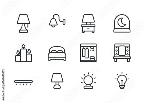 Bedroom Lighting Icons. Bedroom Lighting. Line icon set of Bedro